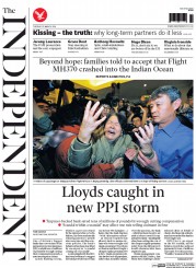 The Independent (UK) Newspaper Front Page for 25 March 2014