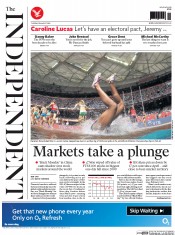 The Independent (UK) Newspaper Front Page for 25 August 2015