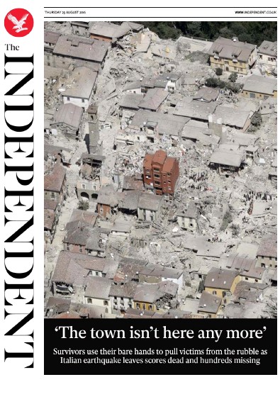 The Independent Newspaper Front Page (UK) for 25 August 2016