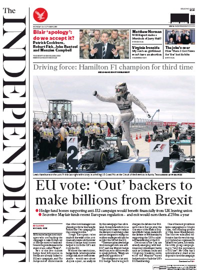 The Independent Newspaper Front Page (UK) for 26 October 2015