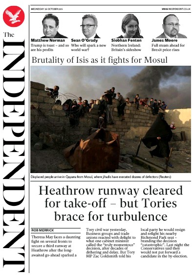 The Independent Newspaper Front Page (UK) for 26 October 2016