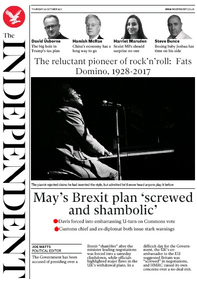 The Independent Newspaper Front Page (UK) for 26 October 2017