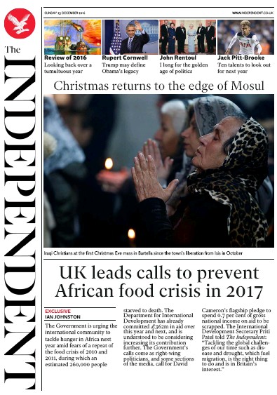 The Independent Newspaper Front Page (UK) for 26 December 2016