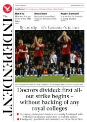 The Independent (UK) Newspaper Front Page for 26 April 2016
