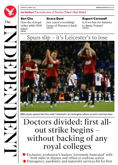 The Independent Newspaper Front Page (UK) for 26 April 2016