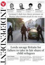 The Independent (UK) Newspaper Front Page for 26 July 2016