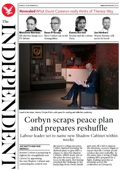 The Independent Newspaper Front Page (UK) for 26 September 2016