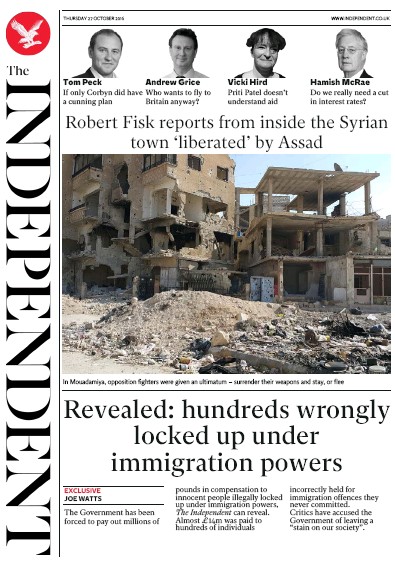 The Independent Newspaper Front Page (UK) for 27 October 2016