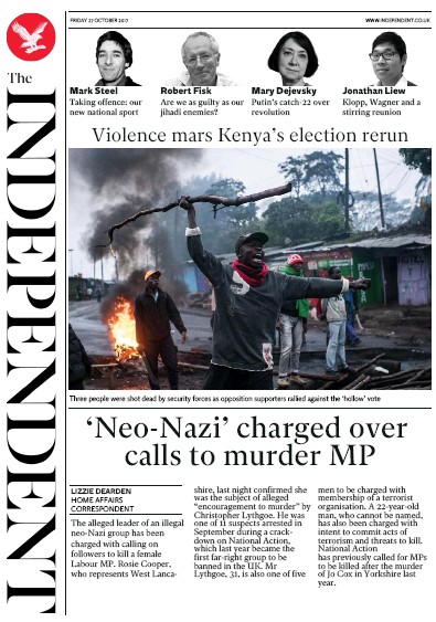 The Independent Newspaper Front Page (UK) for 27 October 2017