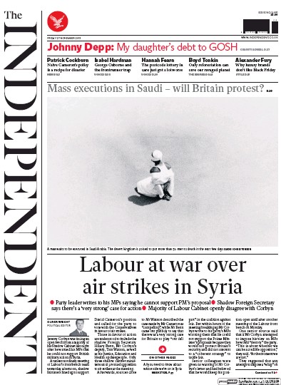 The Independent Newspaper Front Page (UK) for 27 November 2015