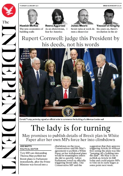 The Independent Newspaper Front Page (UK) for 27 January 2017