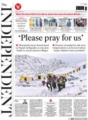 The Independent (UK) Newspaper Front Page for 27 April 2015