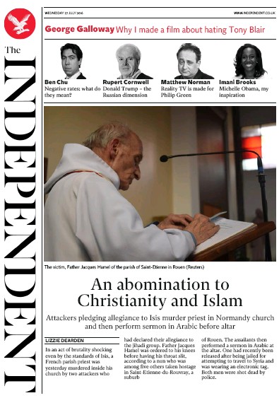 The Independent Newspaper Front Page (UK) for 27 July 2016