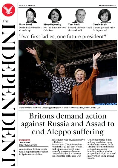 The Independent Newspaper Front Page (UK) for 28 October 2016
