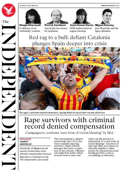 The Independent Newspaper Front Page (UK) for 28 October 2017