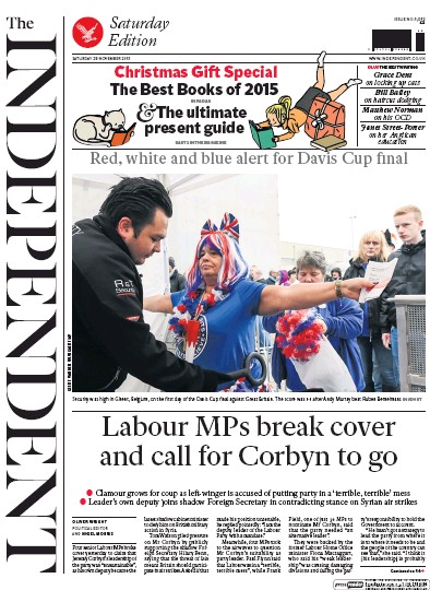 The Independent Newspaper Front Page (UK) for 28 November 2015