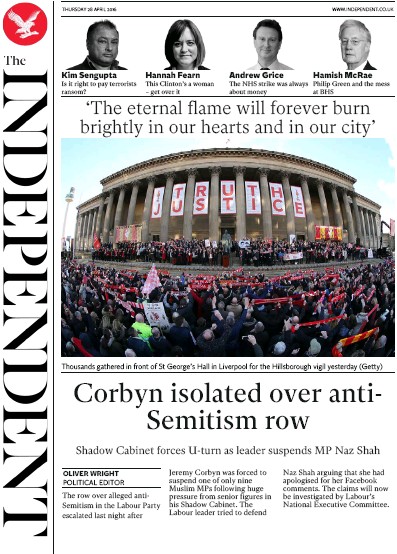 The Independent Newspaper Front Page (UK) for 28 April 2016