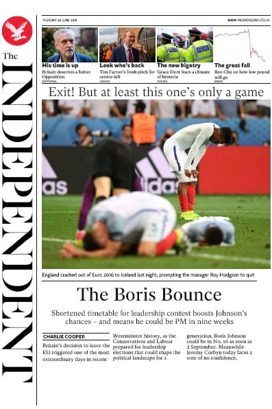 The Independent Newspaper Front Page (UK) for 28 June 2016