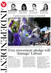 The Independent (UK) Newspaper Front Page for 28 August 2017