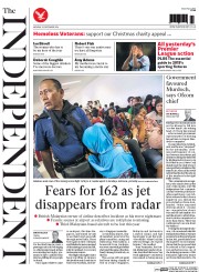 The Independent (UK) Newspaper Front Page for 29 December 2014