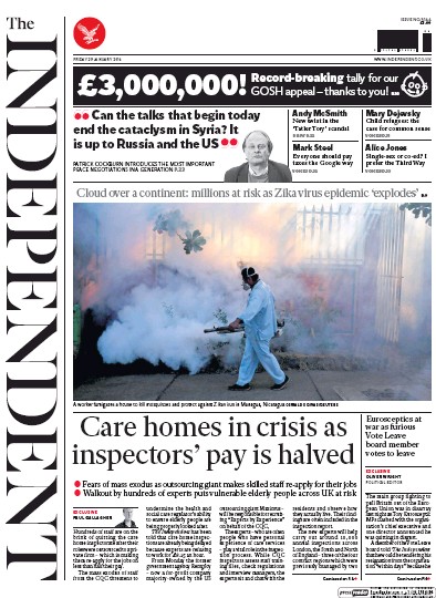 The Independent Newspaper Front Page (UK) for 29 January 2016