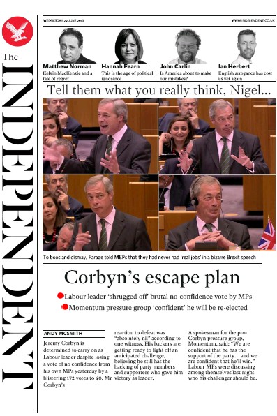 The Independent Newspaper Front Page (UK) for 29 June 2016