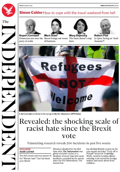 The Independent Newspaper Front Page (UK) for 29 July 2016