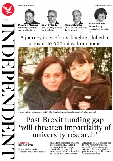 The Independent Newspaper Front Page (UK) for 29 August 2016
