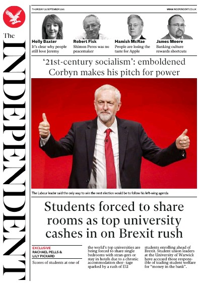 The Independent Newspaper Front Page (UK) for 29 September 2016