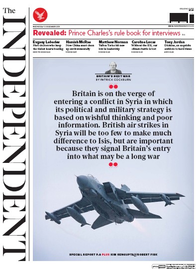 The Independent Newspaper Front Page (UK) for 2 December 2015