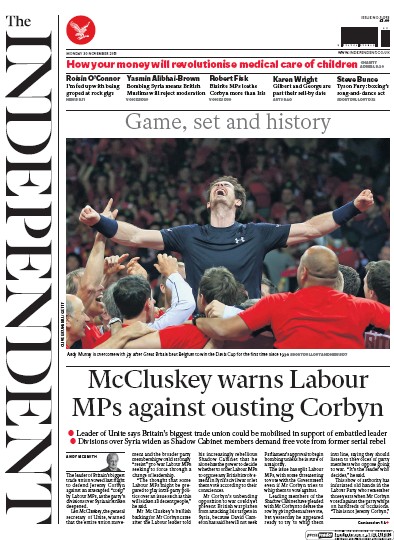 The Independent Newspaper Front Page (UK) for 30 November 2015