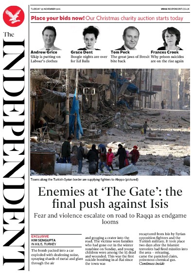 The Independent Newspaper Front Page (UK) for 30 November 2016