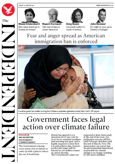 The Independent Newspaper Front Page (UK) for 30 January 2017