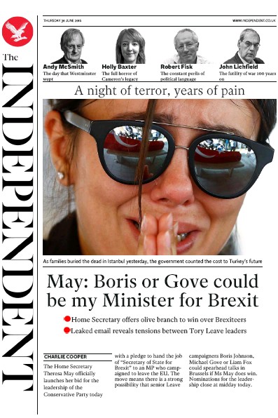 The Independent Newspaper Front Page (UK) for 30 June 2016