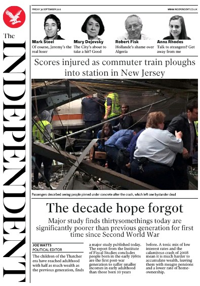 The Independent Newspaper Front Page (UK) for 30 September 2016