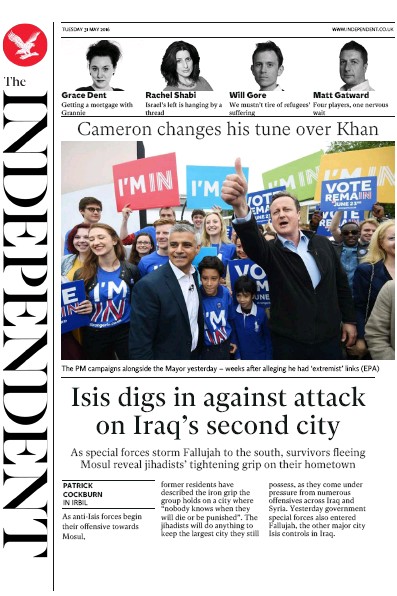 The Independent Newspaper Front Page (UK) for 31 May 2016