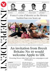 The Independent (UK) Newspaper Front Page for 31 August 2016