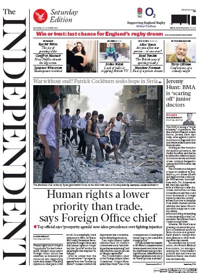 The Independent Newspaper Front Page (UK) for 3 October 2015