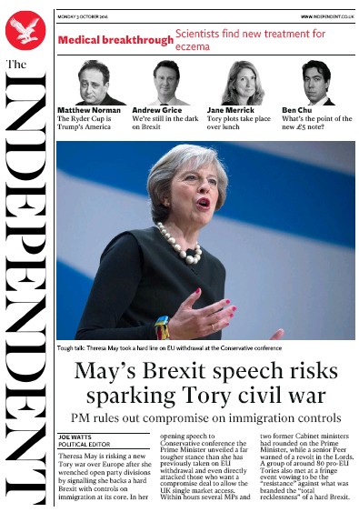 The Independent Newspaper Front Page (UK) for 3 October 2016