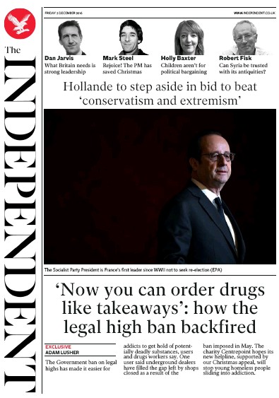 The Independent Newspaper Front Page (UK) for 3 December 2016