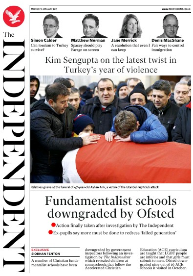 The Independent Newspaper Front Page (UK) for 3 January 2017