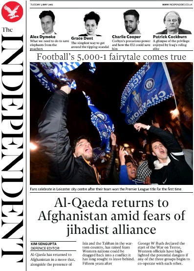 The Independent Newspaper Front Page (UK) for 3 May 2016
