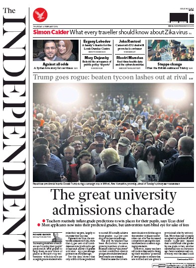 The Independent Newspaper Front Page (UK) for 4 February 2016