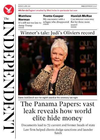 The Independent Newspaper Front Page (UK) for 4 April 2016