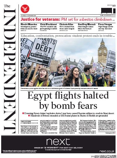 The Independent Newspaper Front Page (UK) for 5 November 2015