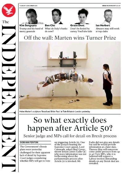 The Independent Newspaper Front Page (UK) for 6 December 2016