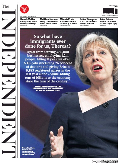 The Independent Newspaper Front Page (UK) for 7 October 2015