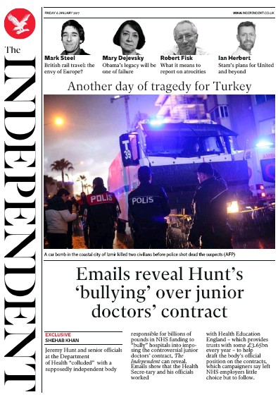 The Independent Newspaper Front Page (UK) for 7 January 2017