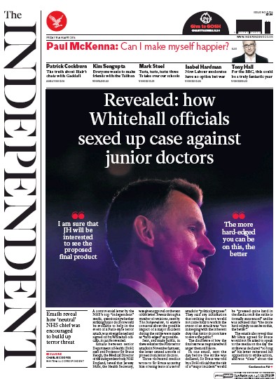 The Independent Newspaper Front Page (UK) for 8 January 2016