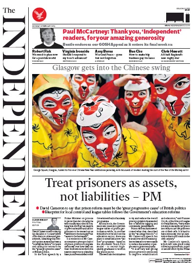 The Independent Newspaper Front Page (UK) for 8 February 2016